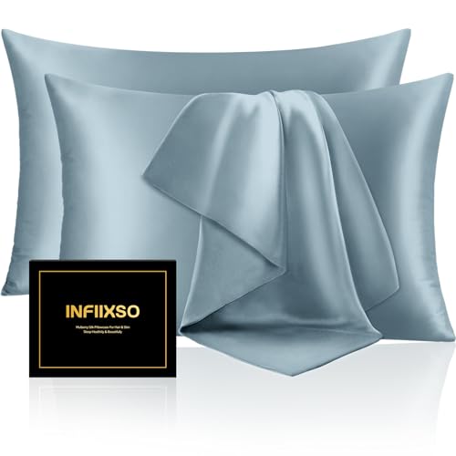 Image of INFIIXSO Silk Pillow Cases 2 Pack Standard Size, Ultra Smooth & Soft Mulberry Silk Pillow Case for Hair and Skin, Breathable Cooling Silk Pillowcase with Hidden Zipper (Airy Blue, 20x26 Inches)