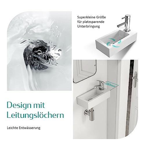 EMKE Waschbecken - Mini Hängewaschbecken für Badezimmer & Gäste-WC - 40 × 20 × 10 cm - Hochwertige KeramikWaschschale - rechteckig Armatur-Loch Rechte - Weiß – Bild 7