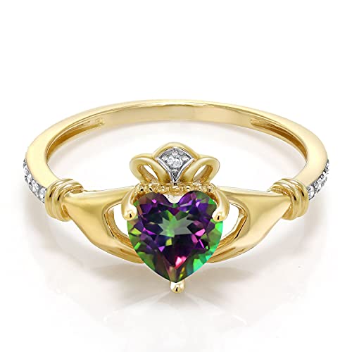 Gem Stone King 10K Yellow Gold Irish Celtic Claddagh Green Mystic Topaz And Diamond Accent Women Heart Shape Ring (1.01 Cttw, Gemstone Birthstone, Available In Size 5, 6, 7, 8, 9) #TOP1
