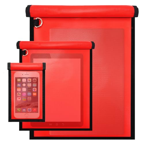 Ohwekit Faraday Bags for Phones & Tablets & Laptops, 3 Pack Faraday Cage Signal Blocker, Anti-Tracking Faraday Bag Key Fob Protector, Fireproof & Waterproof Faraday Pouch RFID Shielding Bag (Red)