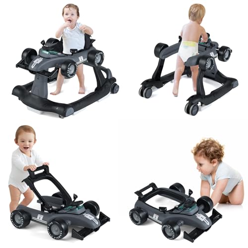 HONEY JOY 4-in-1 Baby Walker, Activity Push Walker w/3 Adjustable Heights, Smooth Wheels w/Adjustable Speed, Padded Seat, Music &amp; Light, Foldable Car Walker for Baby Boys Girls Age 6 Months+ (Gray)