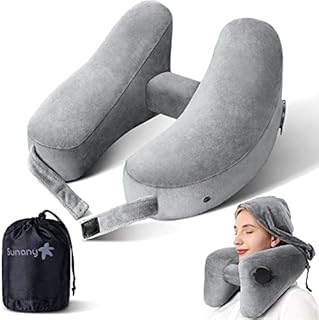 Inflatable Neck Pillow for Airplane Travel with Hoodie, Portable Neck Head Chin Support for Long Haul Flights Sleeping Napping, with Soft Velour Cover Hat, Travelling Sleep Essentials for Plane Train
