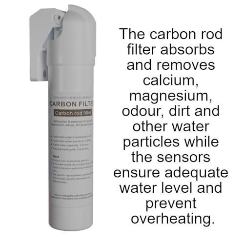 Carbon Rod Water Filter, Hot Water Tap Compatible, Calcium and Magnesium Removal, with Overheating Protection Sensors, 280mm Length - Includes fitting, housing and mounting kit with accessories.