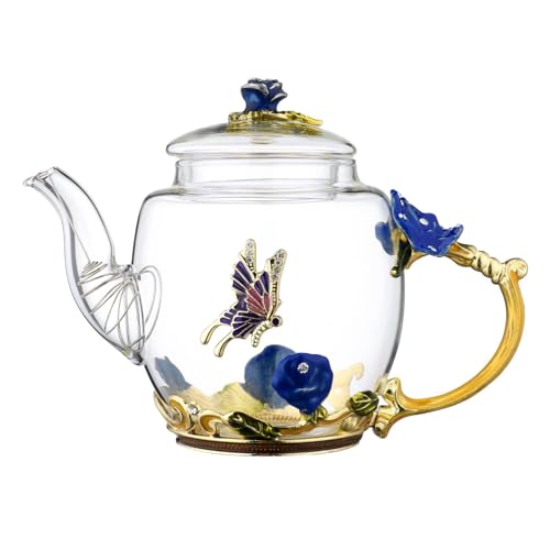 Glass Teapot -300 ml (10 oz) - Blue Rose Flower Butterfly Decoration Heat Resistant Glass Teapot Kettle Loose Leaf Teapot Tea Party Set (Blue)