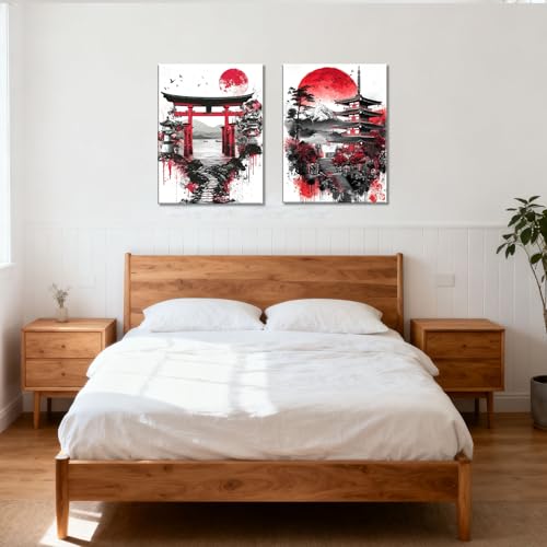 Image of Frimeeme 2Pcs Japanese Canvas Wall Art, Ready to Hang,Framed,12x16 inches | Red Black Landscape Prints, Modern Minimalist Asian Oriental Decor