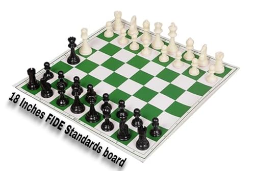 Image of 18 x 18 inches professional tournament Green and White chess board set (Fide-Standards) with Chessmen - 34 pieces and Chess bag, with 2 extra queens