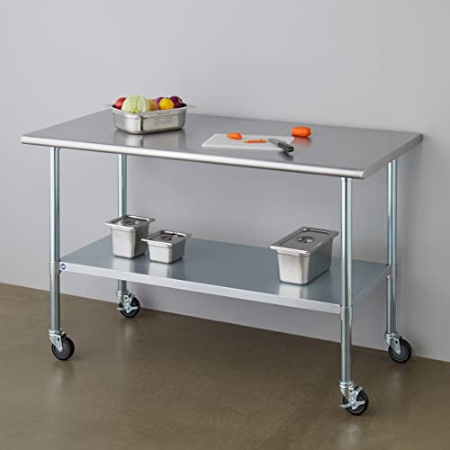 Image of ROCKPOINT Stainless Steel Table for Prep & Work with Caster Wheels 30x60 Inches, NSF Metal Commercial Kitchen Heavy Duty Table with Adjustable Under Shelf and Table Foot for Restaurant, Home and Hotel