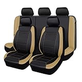 Flying Banner Universal Carbon Fibre Leather Car Seat Covers Airbag Compatible Seat Protector (Full Set, Black and Beige) - Image 1
