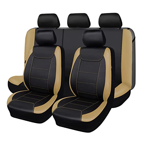 Flying Banner Universal Carbon Fibre Leather Car Seat Covers Airbag Compatible Seat Protector (Full Set, Black and Beige)