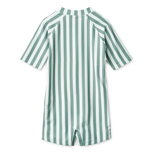 Image of Girls One Piece Swimsuit Zipper Long Sleeve Rash Guard Green Striped Sunsuit Seersucker Bathing Suit with Ruffle Butt