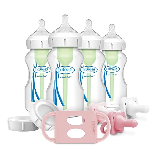Image of Dr. Brown’s Natural Flow® Anti-Colic Options+™ Wide-Neck Baby Bottle Pink Gift Set with HappyPaci™ Pacifier, Bottle Travel Caps, and Silicone Bottle Handle