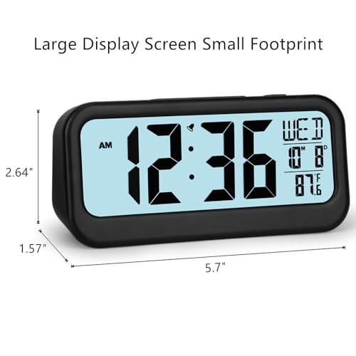 Image of FAMICOZY Digital Alarm Clock with Calendar Indoor Temperature,Adjustable Snooze,Crescendo Alarm,Manual DST,Light on Demand,No Ticking for Bedside Travel,Black