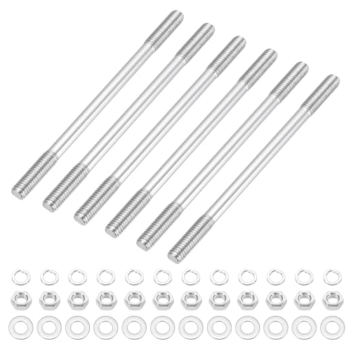 sourcing map 6Set M6x100mm Double Ended Stud Screws, 304 Stainless Steel Dual Threaded Rod Bar Bolts Studs with Nut Washer for House Maintenance Structural Anchoring Fastening Screw