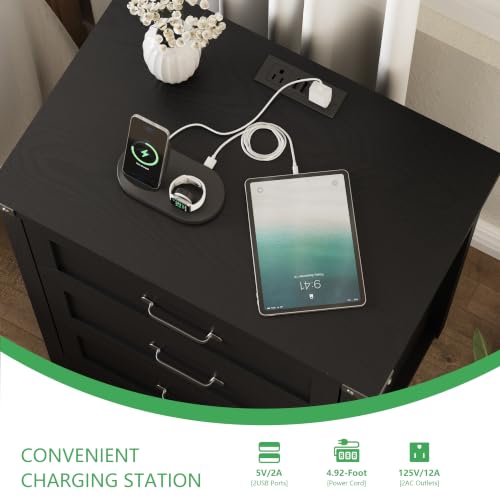 Image of Xixini Nightstand with Charging Station, 24 inch Wide Farmhouse Bedside Table with 3 Deep Storage Drawers, Modern Wood Side Table with Mental Handle, Tall End Table for Bedroom, Black