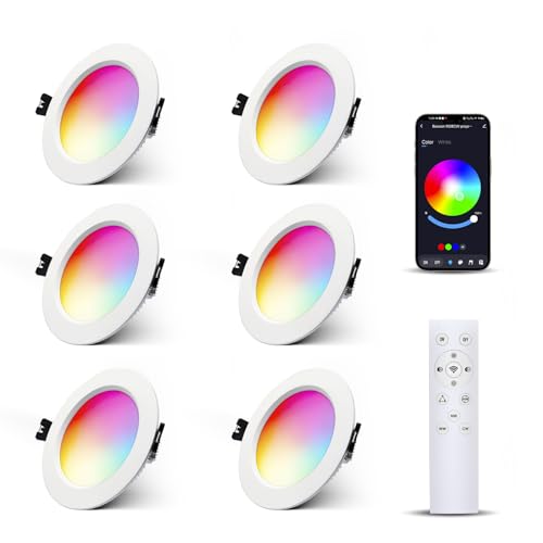 6 x Foco empotrable LED Bluetooth, regulable 10W RGBW Blanco cálido Blanco frío APP con mando a distancia downlight LED empotrable redondo 230V para salón, dormitorio