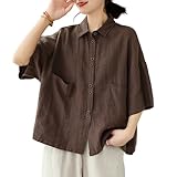 [Hanmall] シャツ ブラウス レディース 半袖 薄手 襟付き 100%綿 涼しい 柔らか 可愛い おしゃれ カジュアル 通勤 通気性 森ガール 夏 大きいサイズ ゆったり ナチュラル 無地 [並行輸入品]