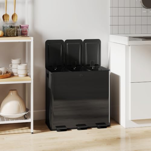 HOMCOM Triple Kitchen Bin 3 x 20L Pedal Bin Stainless Steel Black - Image 9
