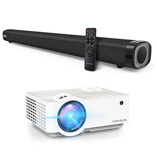 TOPVISION 5500L Mini Projector with 100” Projector Screen and 120W 2.1CH Stereo Sound Bar with Subwoofer, Allowing You to Enjoy Cinema-Quality Experience at Home.