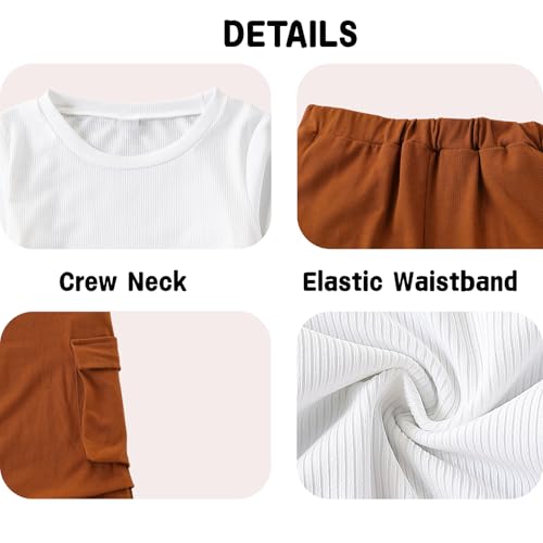 Image of Azmxynol Girls Clothes 2 Piece Outfit Ribbed T-Shirt Top + Cargo Pants, Girls Fall Clothing Set, Sizes 5-16 Years