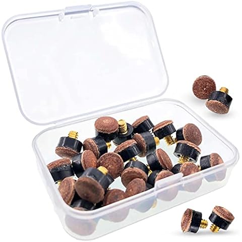 RIVIEVAL 24Pcs Screw on Tips, 10mm Cue Tips Pool Billiard Cue Tips Replacement with Storage Box for Pool Cues and Snooker-Brown Cover
