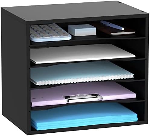 SHARKWOODS Wood Desktop Organizer with 5-Tier Storage, Paper Storage Mail Sorter, Wood File Holder with Adjustable Shelves for Office School Home,Black