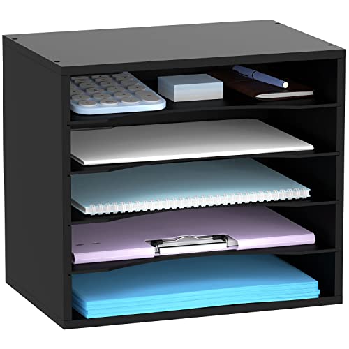 Sharkwoods Wood Desktop Organizer With 5-Tier Storage, Paper Storage Mail Sorter, Wood File Holder With Adjustable Shelves For Office School Home,Black #TOP3