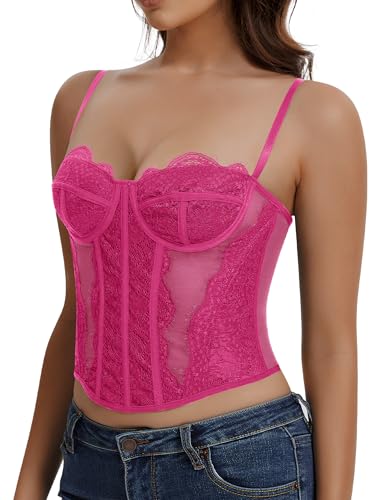 Image of Lace Corset Tops for Women Sexy Going Out Bustier Top Sleeveless Adjustable Straps Crop Tops with Back Hooks