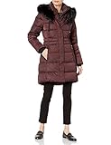 TAHARI Women's Puffer Jacket with Faux Fur Trimmed Hood, Merlot, Extra Small