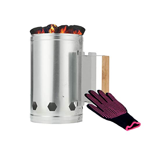 Swanna Rapid Charcoal Chimney Starter Set for BBQ Grills Fireplace Accessories BBQ Heat Resistant Gloves BBQ ToolsOutdoor Cooking Chimney Starter for Charcoal Grill Silver