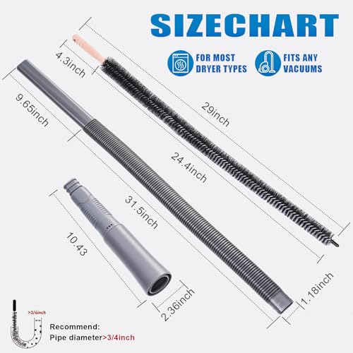 Image of 3 Pieces Dryer Vent Cleaner Kit: Vacuum Hose With Brush & Gloves Fits for Vacuums Cleaner, Refrigerator Condenser Coils, Tight Spaces Behind Appliances, Deep Cleaning Tools for Clogged Ducts-Gray