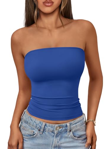 AUTOMET Womens Strapless Bandeau Tube Tops Stretchy Summer Royal Blue M
