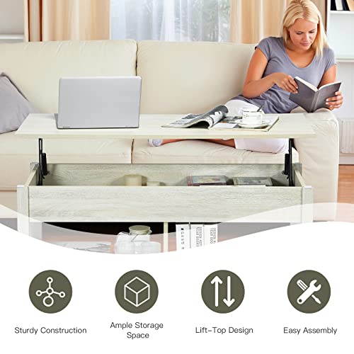 Costway Lift Top Coffee Table, Dining Center Table With Hidden Storage Compartment & Lower Open Shelf, Rustic Sofa Tea Table With Rising Tabletop For Living Room Reception Room (Rustic Ivory) #TOP7