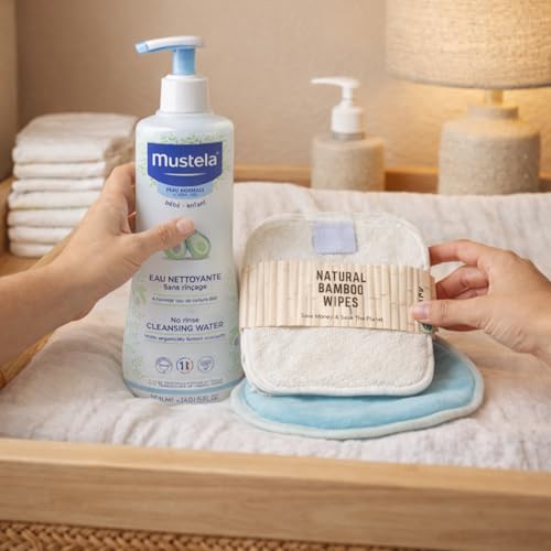 Mustela Baby Skincare Bundle – No Rinse Cleansing Water 500ml | Reusable Bamboo Baby Wipes & Washable Bamboo Cloth Pads | Gentle Newborn Care with Organic Avocado – Ideal for Sensitive Skin - Image 3