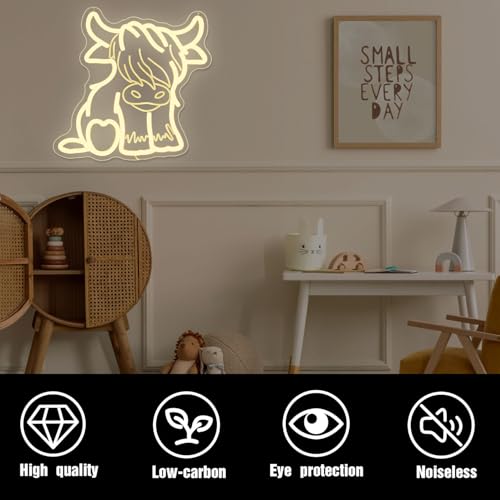 Image of Highland Cow Neon Sign Dimmable Cute Cowbow Neon Lights for Wall Decor,Farm Animal Cow Signs for Farmhouse Kid Room Decor Art Kids Party Birthday Gifts