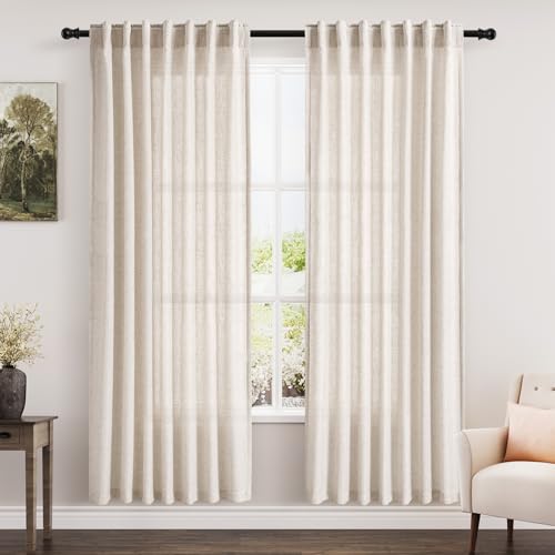 Image of Nanspring Beige Semi Sheer Linen Curtains 78 inch Length for Living Room Back Tab Rod Pocket Modern Farmhouse Coastal Decor Beige Cotton Textured Gauze Curtains for Dining Room Office 52x78