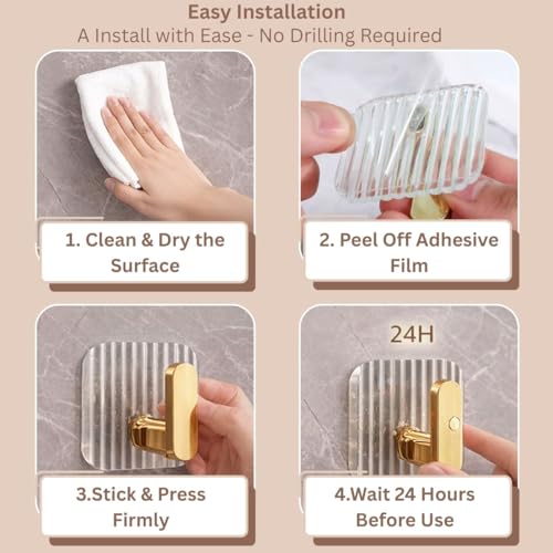 Image of Satpurush Luxury Acrylic Self-Adhesive Wall Hooks | Heavy Duty Bathroom & Kitchen Hook | No Drill Waterproof Wall Hanger for Towels, Robes, Keys & Accessories. (Gold, Pack of 4).