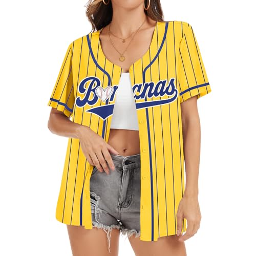 Baseball Button Up Shirt for Women Quick-Dry Graphic Baseball Game Day Fan Jersey Short Sleeve Tops(Stripe-Yellow S)