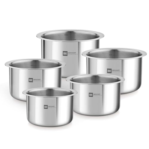 Image of Bergner BE Essentials 5 Pcs Tope Set Triply Stainless Steel Topes with Sizes 14cm (1L) 16cm (1.5L) 18cm (2.5L) 20cm (3L) 22cm (4.5L) Easy to Clean Induction Bottom and Gas Stove Ready