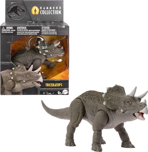 Mattel Jurassic World Hammond Collection Dinosaur Action Figure Toy, Young Triceratops Premium Film Design with Glass Eyes and 14 Motion Points, JDJ07, [Multicolour]