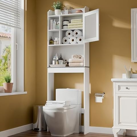 SUPER DEAL Over The Toilet Bathroom Storage Cabinet Freestanding Wooden Bathroom Organizer with Adjustable Shelves and Glass Door, White Cover