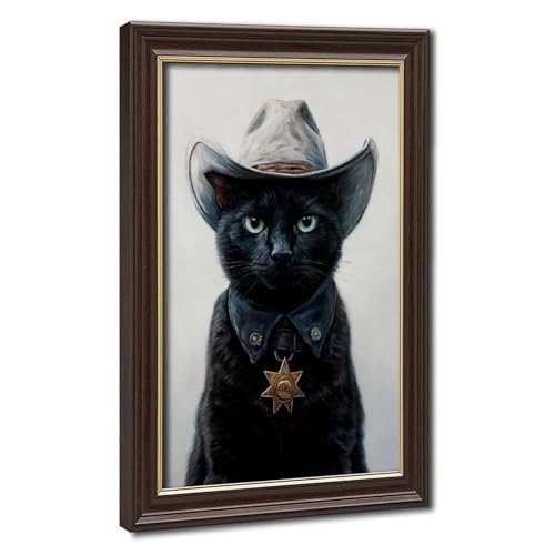 Affiche Peinture à l'Huile Chat Noir Cowboy Rétro 30x45 cm pour Salon