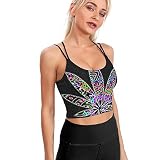 Women's Sport Tank Top Multi Color Trippy Leaf Weed Sports Bra Yoga Longline Crop Top -M