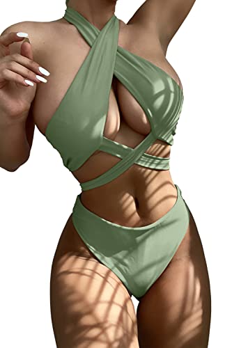 ioiom Women Bikini Top Push Up Swim Top Halter Retro Bathing Suit Top Padded Swimsuit Top Green S