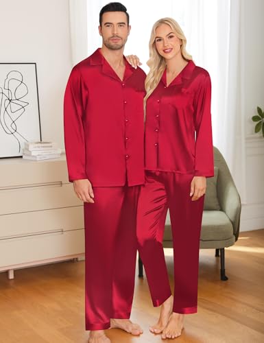 SWOMOG Men Pajamas Matching Pajamas Set Silk Satin Women Pj Set Long Sleeve Button Down Sleepwear 2 Pcs Loungewear Red Large3