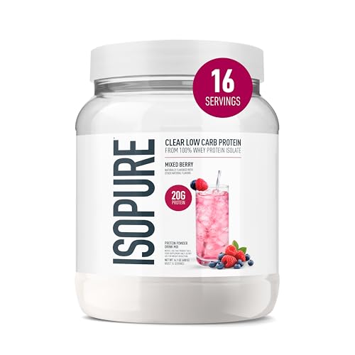 Isopure Clear Whey Isolate Protein Powder, Lactose Free, Gluten Free, Naturally Flavored, Mixed Berry, 20g Protein Per Serving, 14.1 Oz, 16 Servings (Packaging May Vary)