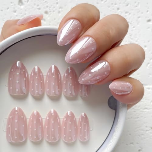 Mirror Blush Polka Dot Press on Nails Short Almond 24PCS