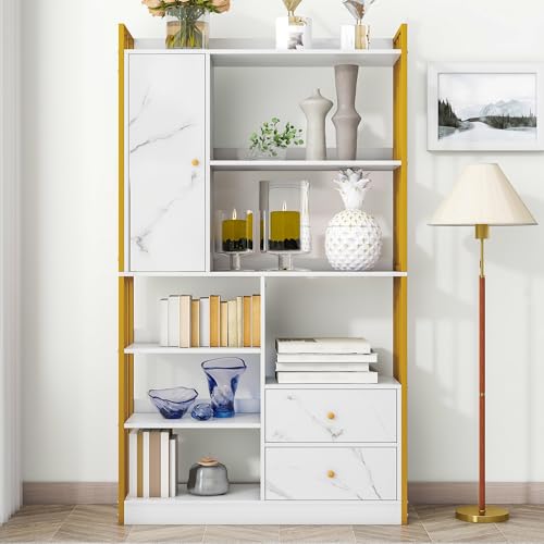 PLLBIKK Librería blanca de 6 niveles, estantería con puertas, estantería con cajones, estantería de acero, 100 x 30 x 173,5 cm, para salón, dormitorio, oficina (oro + blanco)