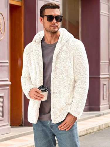 Runcati Mens Fuzzy Sherpa Hoodie Long Sleeve Button Down Fleece Jackets Casual Winter Hooded Sweatshirt3