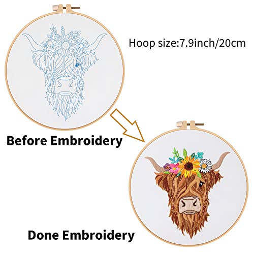 Image of Louise Maelys Animal Embroidery Kits for Beginners with Highland Cow Pattern,Adults Starter Cross Stitch Kit DIY Needlepoint