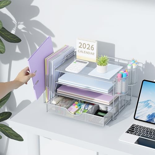 Image of gianotter Desk Organizers and Accessories with File Holder, 4-Tier Desk Accessories & Workspace Organizers with Drawer and 2 Pen Holder, Paper Organizer for Office Supplies (Grey)